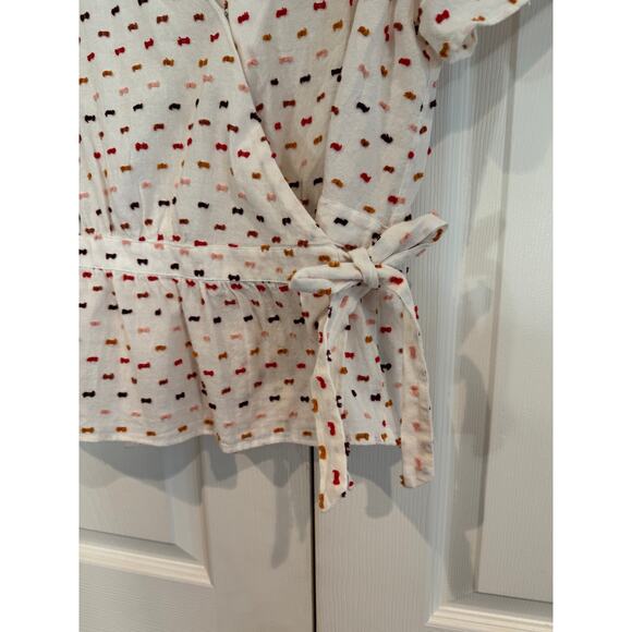 NEW Madewell Wrap Top Short Sleeve White Print Tie Waist Blouse - Picture 5 of 8